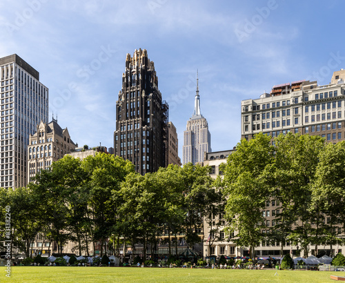Bryant Park  New York City Empire State Buiding blue sky