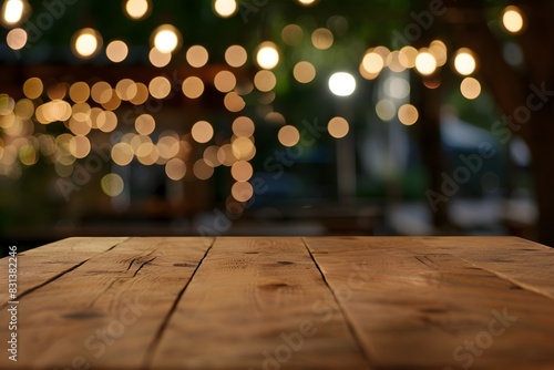 Wooden Table Top with Blurred Bokeh Background in Cafe © MD