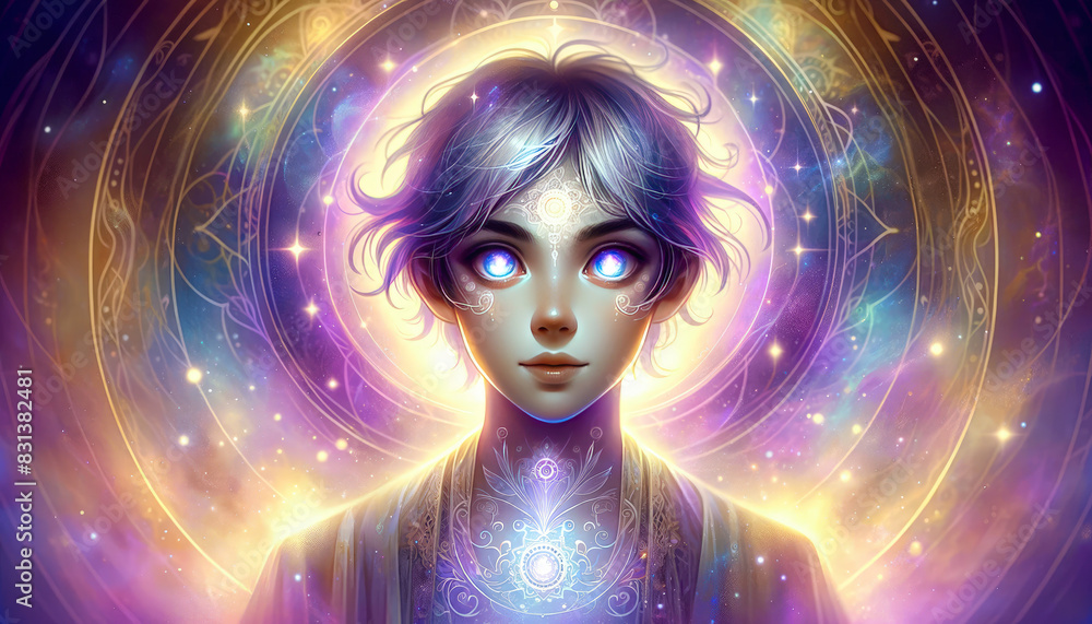 Mystical Boy With Glowing Eyes And Third Eye Concept Surrounded By Cosmic Light Halo - AI Generated Mystical Boy With Glowing Eyes And Third Eye Concept Surrounded By Cosmic Light Halo - AI Generated