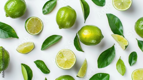 Fresh ripe limes with green leaves on a white background both whole and sliced arranged in a flat lay photo
