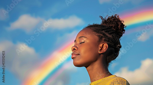 Happy young black woman breathing fresh air outdoors in nature. African american female meditating outside practicing wellness meditating deep breathing. Blue sky and rainbow. Inclusive pride