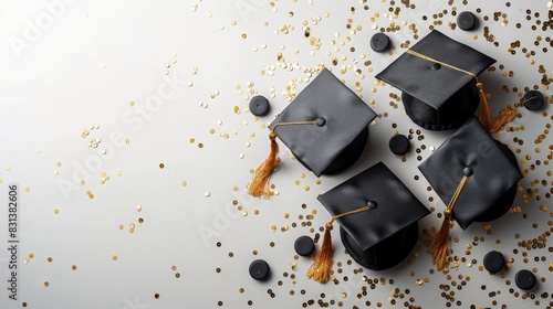 Graduation Caps and Confetti on White Surface