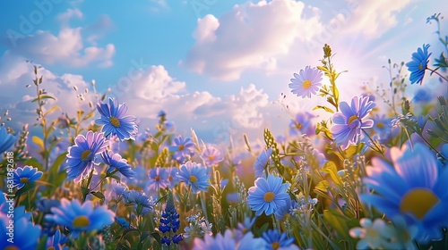 Serene and Artistic Natural Scene: Beautiful Pastoral Landscape with Chamomile and Blue Wild Peas in Morning Haze Against a Blue Sky with Clouds.  photo
