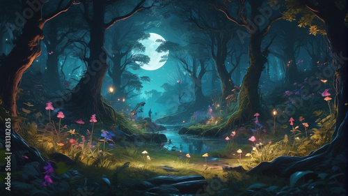 Mystical illustration of a moonlit glade deep within an ancient forest  where mystical creatures frolic amidst glowing flora and fauna  Generative AI