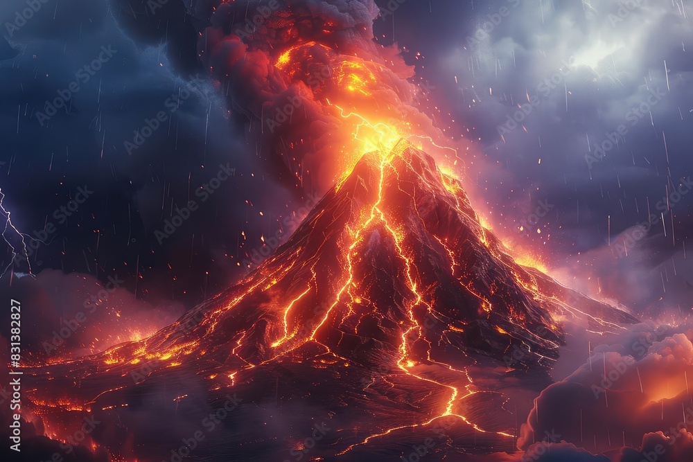 A volcano erupting during a thunderstorm, with lightning striking and lava spewing, intense and chaotic, high detail, photorealistic style,