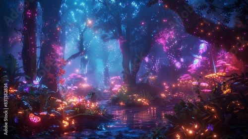 Night Lush Forest Teeming With Trees and Flowers