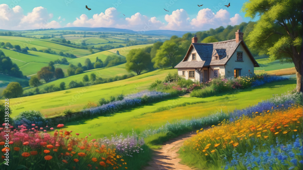 Whimsical painting of a charming cottage nestled amidst rolling hills and blooming fields, where butterflies flutter and birds sing in a symphony of nature's beauty, Generative AI