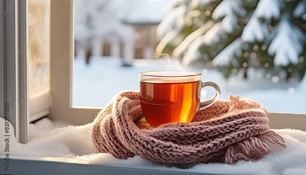 A cup of hot tea warmed in the knitted scarf on the window A cup of hot tea warmed in the knitted scarf on the window