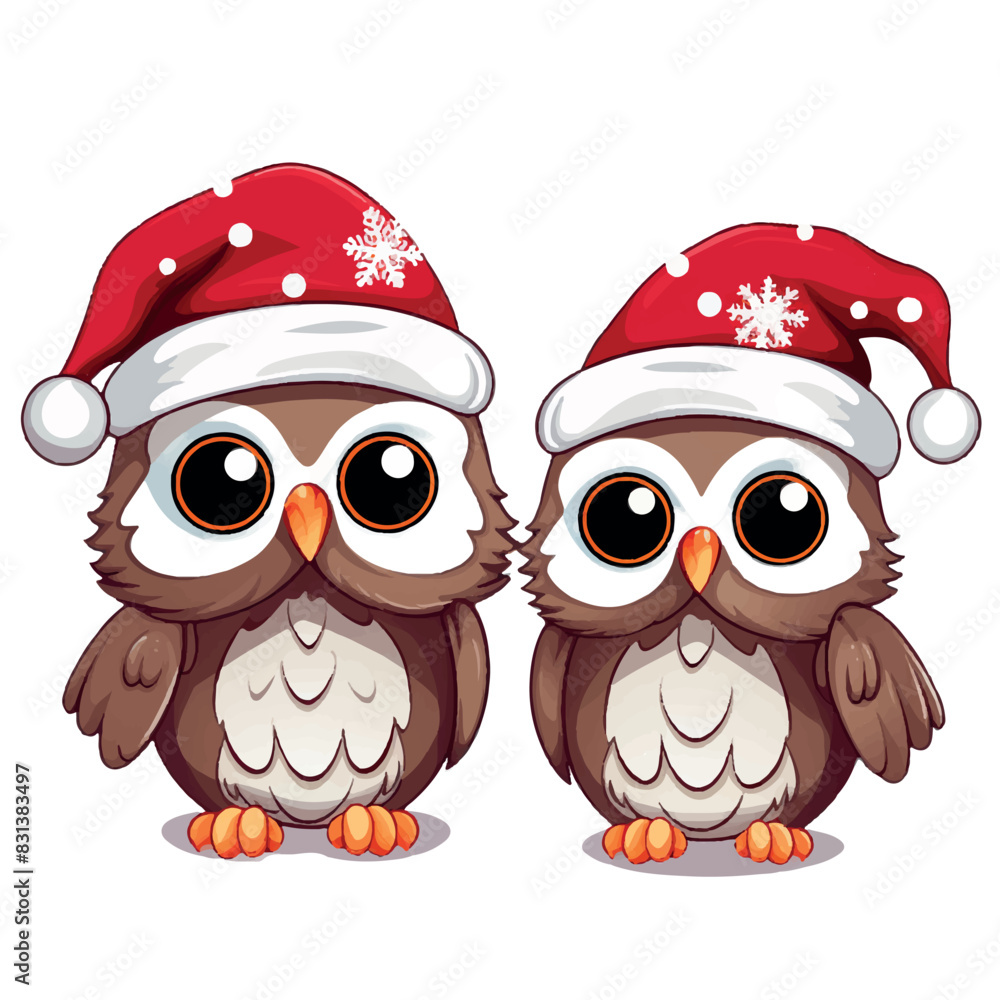 Fototapeta premium Owls with Christmas Hats Vector Illustration