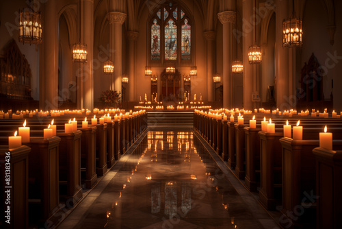 Rows of glowing candles illuminate the interior of a serene church