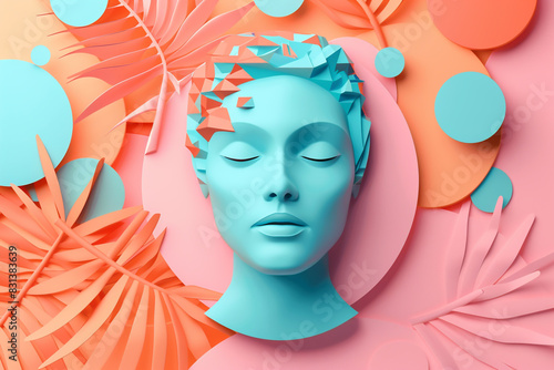 abstract background with colorful geometric shapes and a female head statue on a pastel color photo