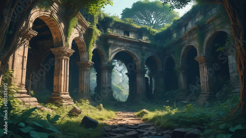 Mysterious painting depicting an ancient ruin hidden deep within a mystical forest, where whispers of forgotten tales echo amidst overgrown vines and crumbling stone, Generative AI photo