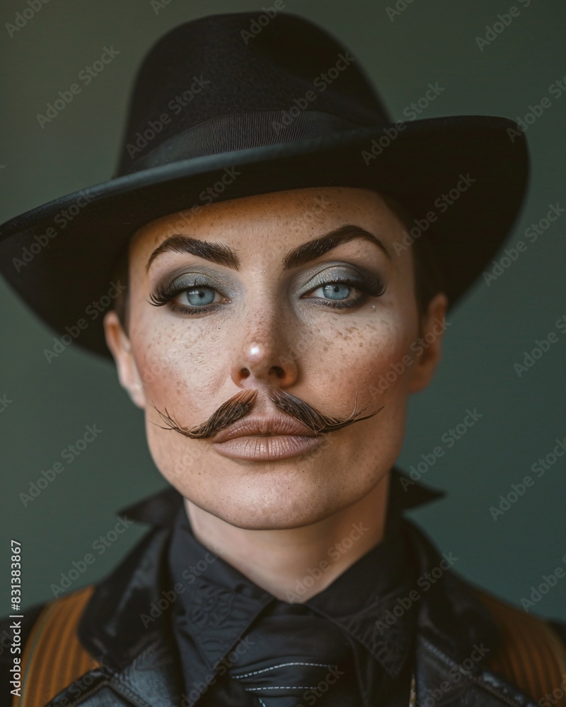 woman with mustache in hat, gender equality concept. woman with mustache in hat, gender equality concept.
