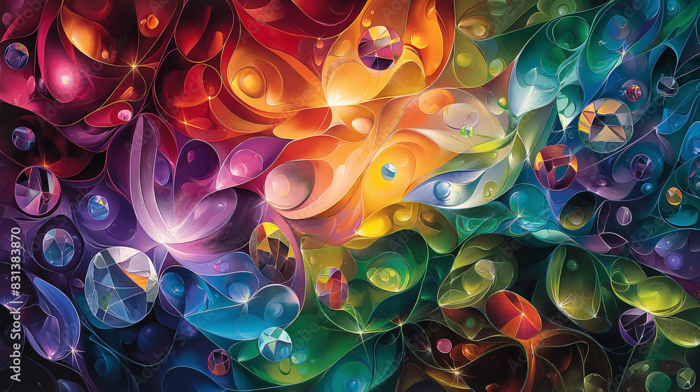 abstract depiction of gemstones. Swirling colors and shapes blend together to form a dynamic composition of sapphires, emeralds, rubies, and diamonds abstract depiction of gemstones. Swirling colors and shapes blend together to form a dynamic composition of sapphires, emeralds, rubies, and diamonds