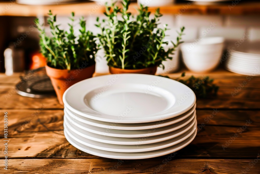 A stack of white ceramic plates on a rustic wooden table in a cozy kitchen setting, with potted green plants in the background. A stack of white ceramic plates on a rustic wooden table in a cozy kitchen setting, with potted green plants in the background.