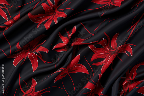 smooth black fabric background with red spider lily motifs photo