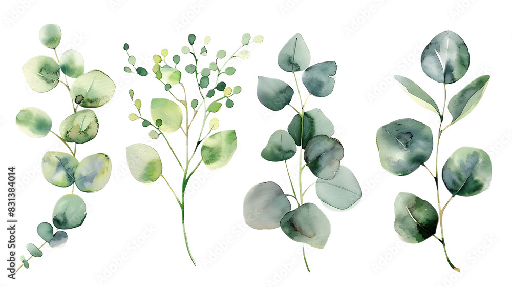 Obraz premium Watercolor leaves branch set. Hand painted eucalyptus elements isolated on transparent background. Artistic clip art