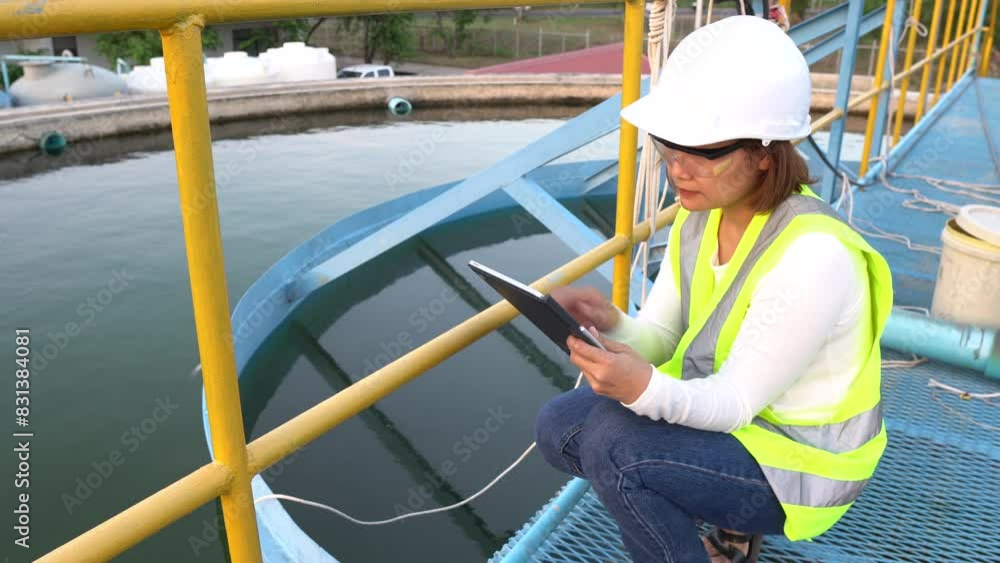 A female engineer working at a water treatment plant,drawing water into reservoirs,improving its quality,adding coagulants,filtering sedimented water,and adjusting the water before distribution. A female engineer working at a water treatment plant,drawing water into reservoirs,improving its quality,adding coagulants,filtering sedimented water,and adjusting the water before distribution.