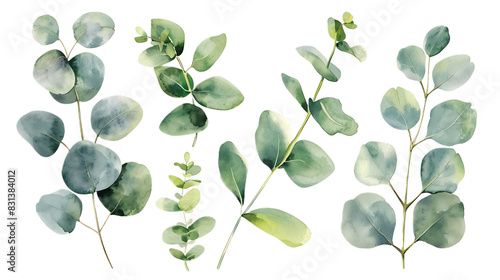Watercolor leaves branch set. Hand painted eucalyptus elements isolated on transparent background. Artistic clip art