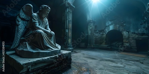 A solemn angelic statue in a dim castle chamber. Concept Statues, Angels, Castles, Chambers, Solitude