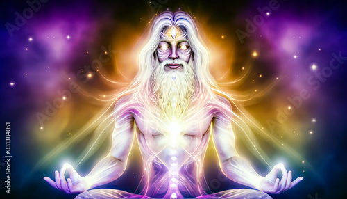 Mystical Meditating Wise Man With Glowing Eyes And Third Eye Concept Surrounded By Cosmic Light Halo - AI Generated