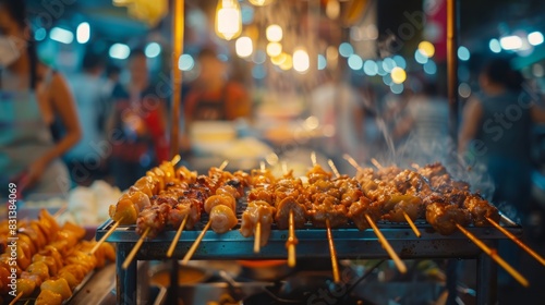A bustling food market in Bangkok with vendors selling grilled satay skewers vibrant colors and textures lively and energetic mood professional food photography Sony A7 III 50mm lens f/2.0