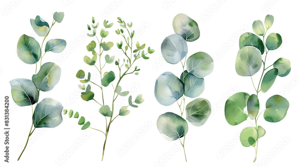 Obraz premium Watercolor leaves branch set. Hand painted eucalyptus elements isolated on transparent background. Artistic clip art