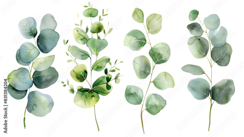 Watercolor leaves branch set. Hand painted eucalyptus elements isolated on transparent background. Artistic clip art Watercolor leaves branch set. Hand painted eucalyptus elements isolated on transparent background. Artistic clip art