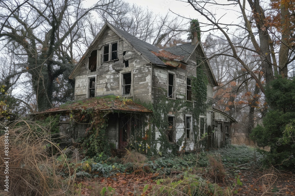Spooky, derelict house surrounded by wild flora, exuding an eerie atmosphere Spooky, derelict house surrounded by wild flora, exuding an eerie atmosphere
