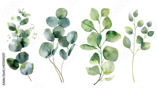 Watercolor leaves branch set. Hand painted eucalyptus elements isolated on transparent background. Artistic clip art