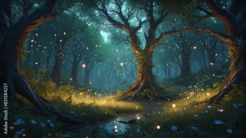 Whimsical depiction of a fantastical forest glade where shimmering faeries dance among sparkling fireflies under the enchanted canopy of ancient trees, Generative AI photo