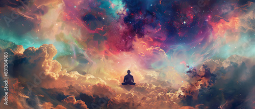 Persona Meditando en Paisaje de Otro Mundo: Arte Digital Vibrante con Nebulosas Coloridas, Estrellas y Fondo Celestial de Galaxias y Nubes photo