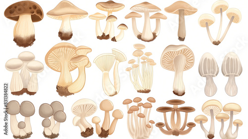 Flat art featuring various types of Japanese mushrooms. The scene is depicted in a simple and clean style photo