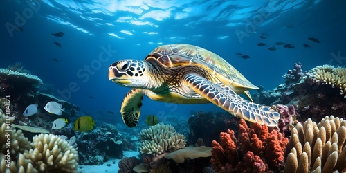 Green sea turtle gracefully navigating through vibrant marine life in clear blue waters. Concept Marine life  Sea turtle  Clear blue waters  Underwater photography  Vibrant colors