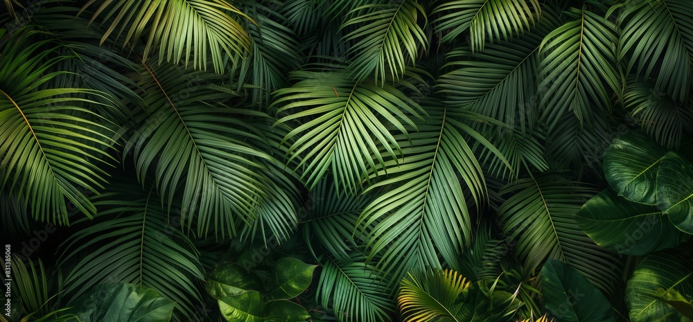 Aerial View of Lush Green Palm Fronds in Dense Tropical Jungle: Reminiscent of Landscape Photography