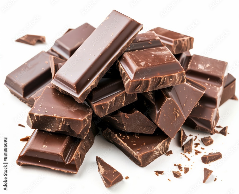Assorted Chocolate Bars and Pieces Stacked on White Background: Delicious Treats Isolated for Indulgence Assorted Chocolate Bars and Pieces Stacked on White Background: Delicious Treats Isolated for Indulgence