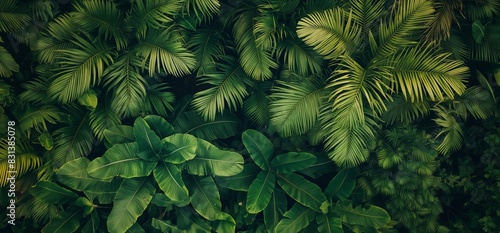 Aerial View of Lush Green Palm Fronds in Dense Tropical Jungle  Reminiscent of Landscapes