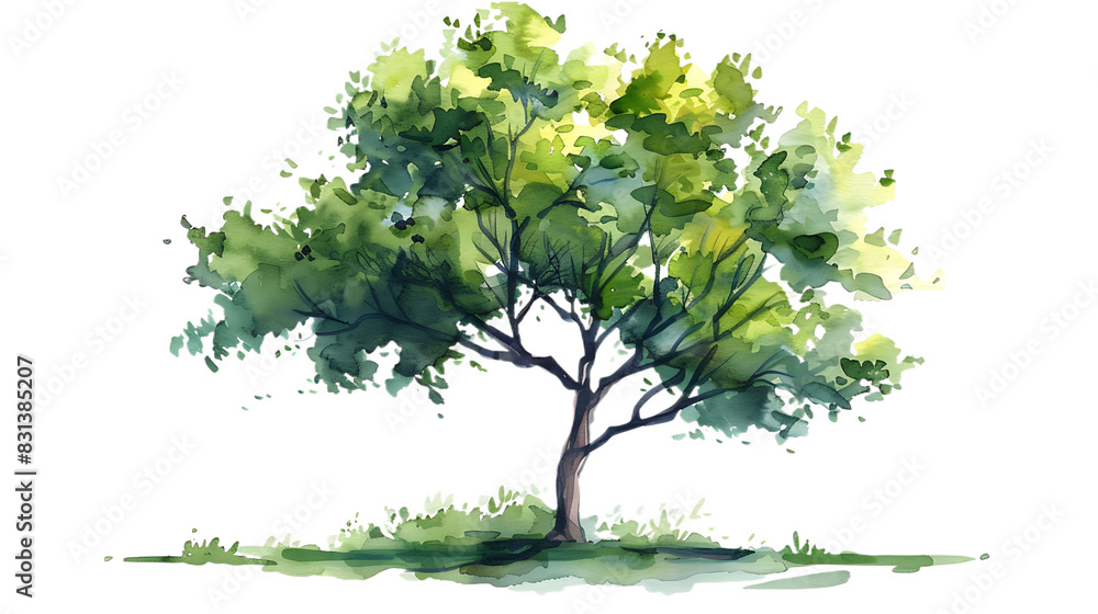 Obraz premium Watercolor green tree illustration isolated on transparent background for landscape and architecture drawing. Elements for environment and garden, botanical for section in spring. 