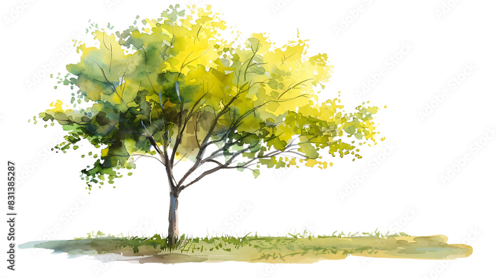 Fototapeta premium Watercolor green tree illustration isolated on transparent background for landscape and architecture drawing. Elements for environment and garden, botanical for section in spring. 