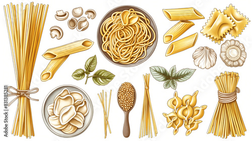 Flat art featuring various types of pasta and spaghetti. The scene is depicted in a simple and clean style