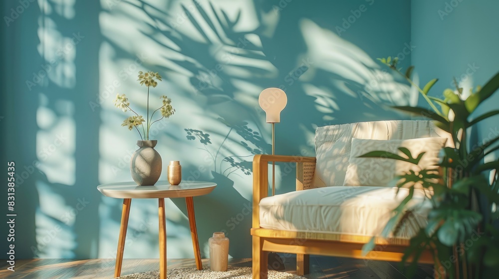 Obraz premium Cozy corner with a comfortable chair, small table, and plants, illuminated by natural light, offering a tranquil and inviting space.