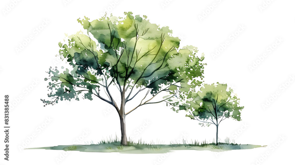 Fototapeta premium Watercolor green tree illustration isolated on transparent background for landscape and architecture drawing. Elements for environment and garden, botanical for section in spring. 