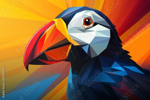 Abstract puffin illustration complemented by intricate geometric background design