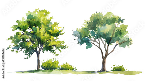 Watercolor green tree illustration isolated on transparent background for landscape and architecture drawing. Elements for environment and garden, botanical for section in spring. 
