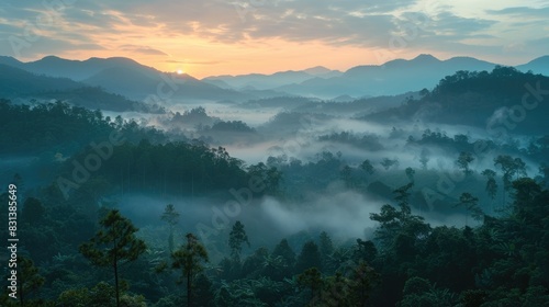 Breathtaking view of a misty forest valley at sunrise  with sunlight breaking through the clouds and casting a golden glow over the lush green landscape.