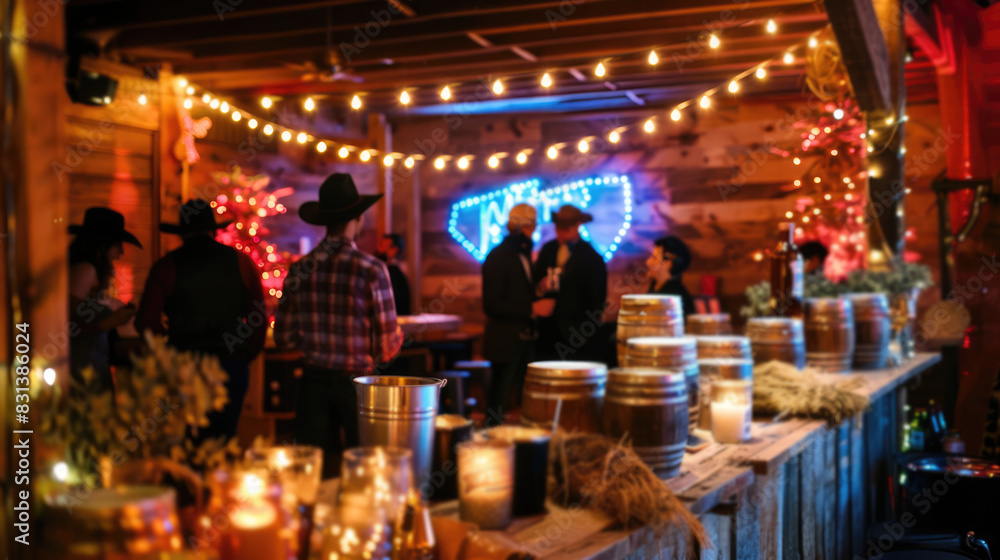 The Western saloon has warm lighting, creating a cozy atmosphere for socializing The Western saloon has warm lighting, creating a cozy atmosphere for socializing
