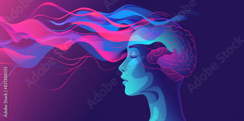 Abstract female head profile with brain and organic shapes on a colorful background