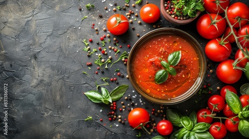 Bowl of Tomato Sauce Surrounded by Tomatoes and Basil
