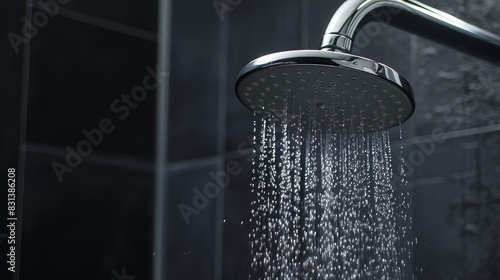 Modern shower head with adjustable settings, water droplets captured mid-air