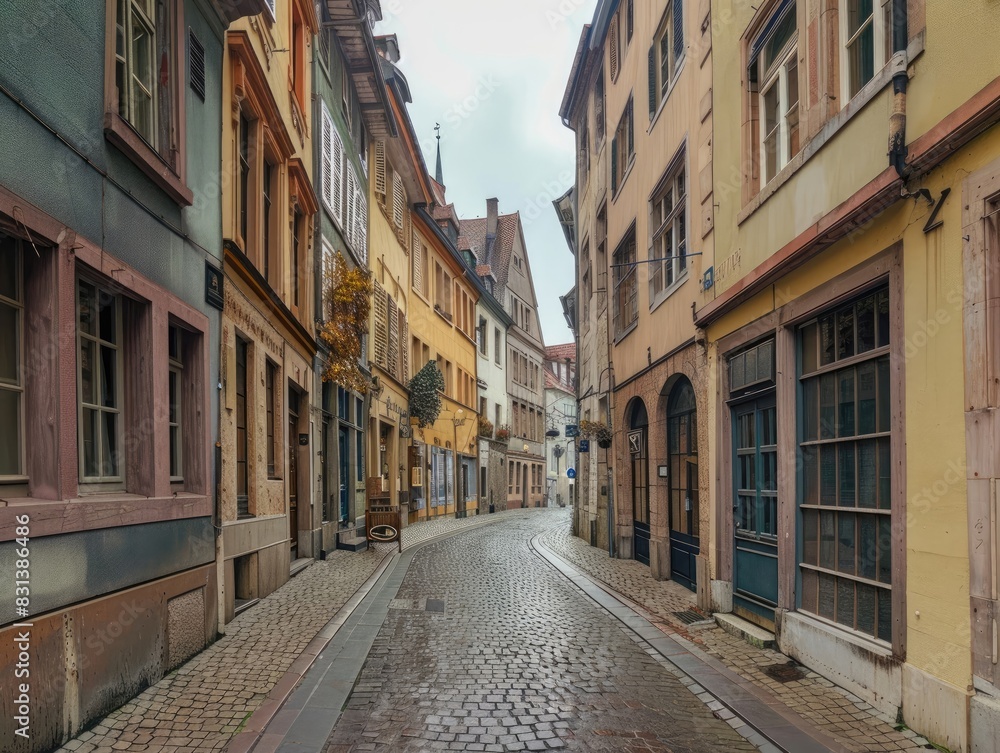 Panoramic view of a cobblestone street lined with buildings of various textures and colors. Historic architecture and a sense of European charm. Panoramic view of a cobblestone street lined with buildings of various textures and colors. Historic architecture and a sense of European charm.